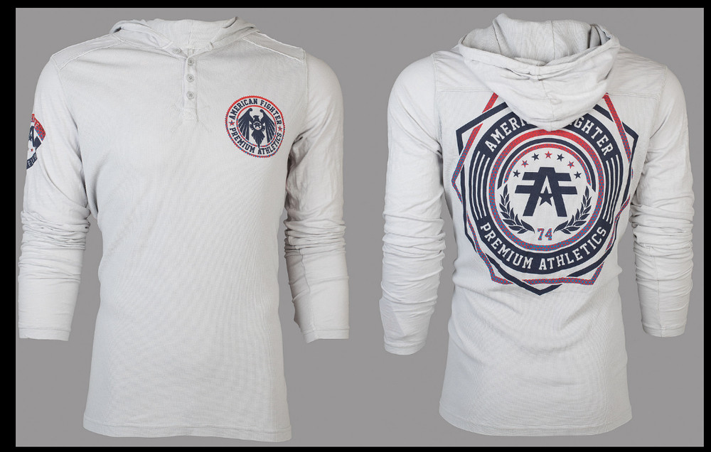 AMERICAN FIGHTER Silver CAPELLA Long Sleeve Henley Thermal Hoodie T-shirt NWT