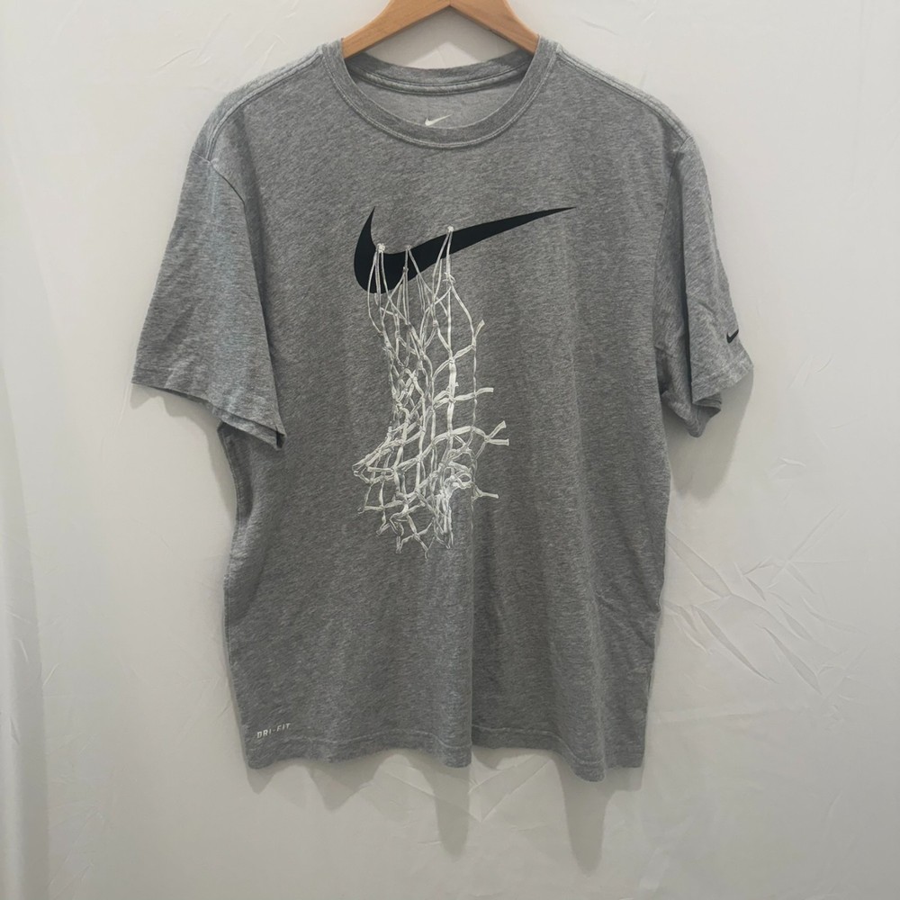 Nike Dri Fit Basketball Shirt Mens XL Gray Heather Graphic Tee Hoop Swoosh Net