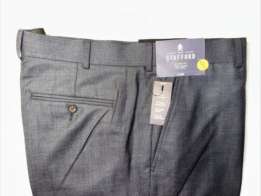 NWT Stafford Men’s 42 x 30 Classic Fit Flat Front Blue Travel Trouser Pants $70