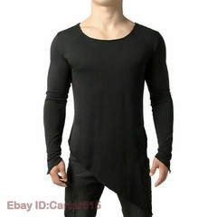 Mens Asymmetric Slit Hem Summer T-shirt Top Tee Long Sleeve Pullover Shirt Hot