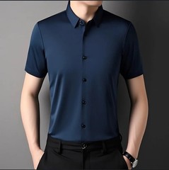 High Stretch Men’s Solid Color Shirts Short Sleeve Business Casual Breathable Ab