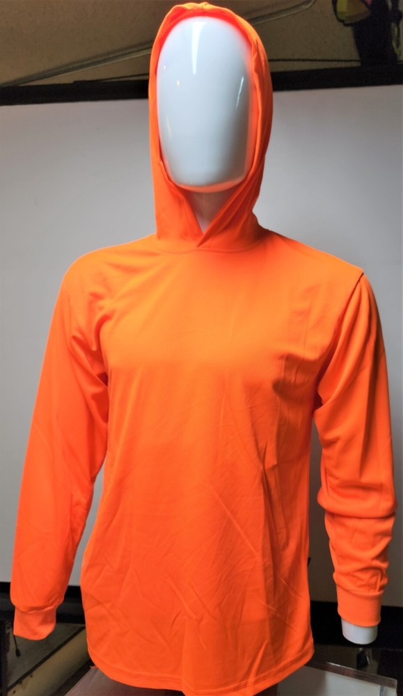 Orange Long Sleeve Safety Shirt With Hoodie, Quick Dry Polyester Birdeye mesh