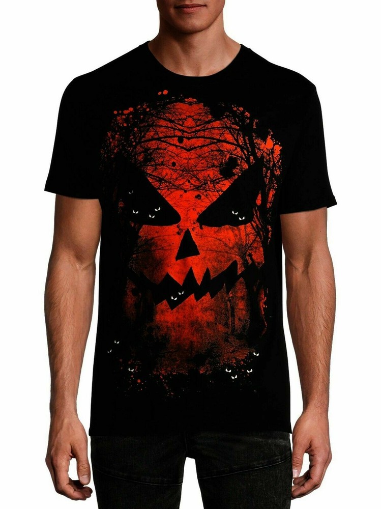 Mens Halloween Fright Night T-Shirt XL Scary Pumpkin Jack O’Lantern Black Tee