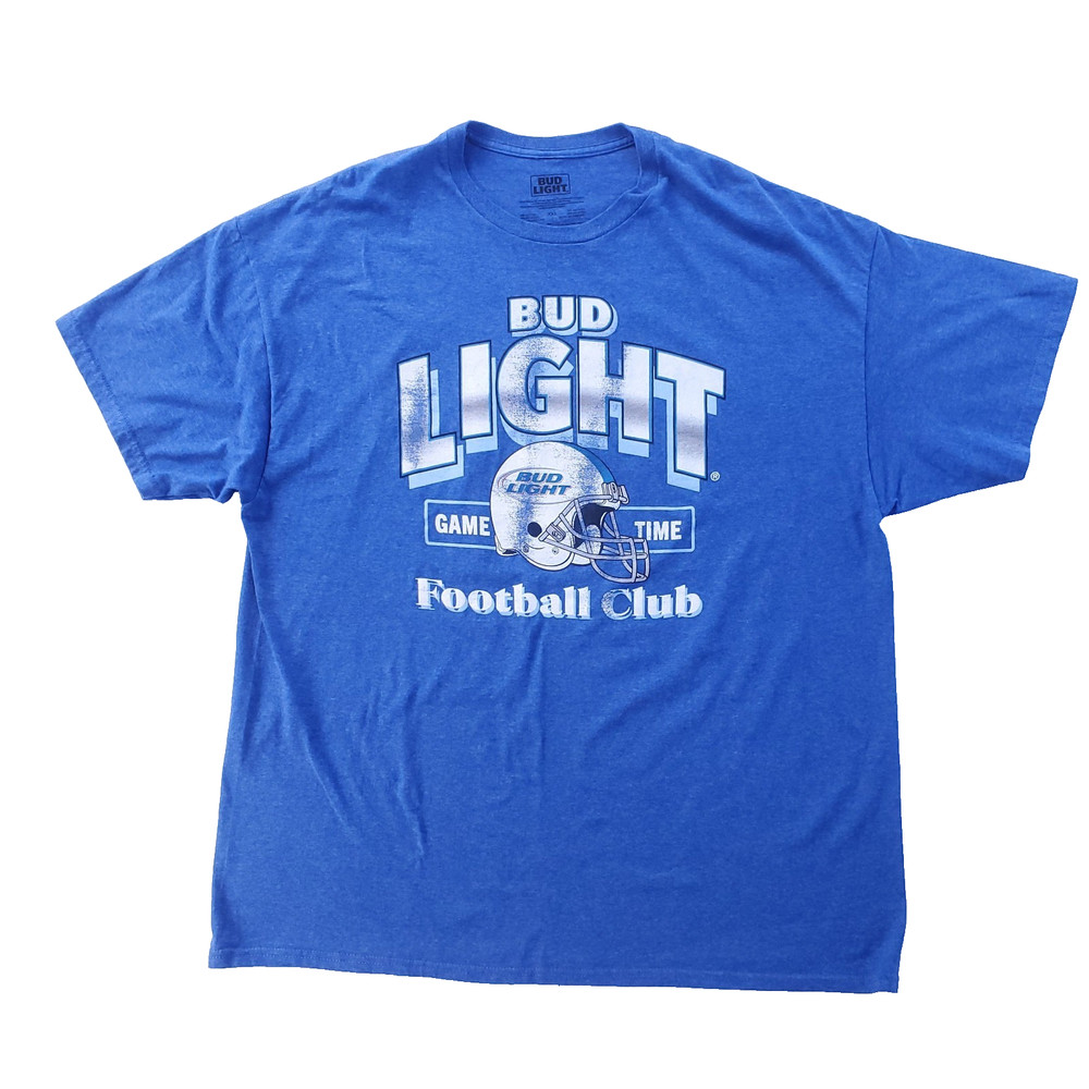 Bud Light Football Club T-Shirt Mens 2XL Blue Double Sided Graphic Beer Tee