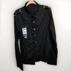 PUNK RAVE Men’s Punk Personality Asymmetric Shirt Slim Fit Casual Black Shirts