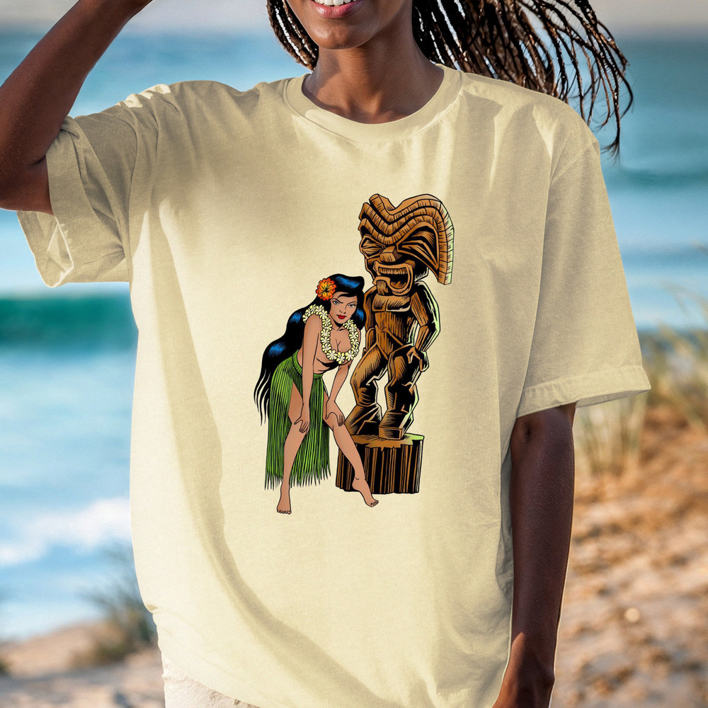 Hula Girl with Tiki Statue T-Shirt | Retro Hawaiian Pinup Tee, Tropical Shirt