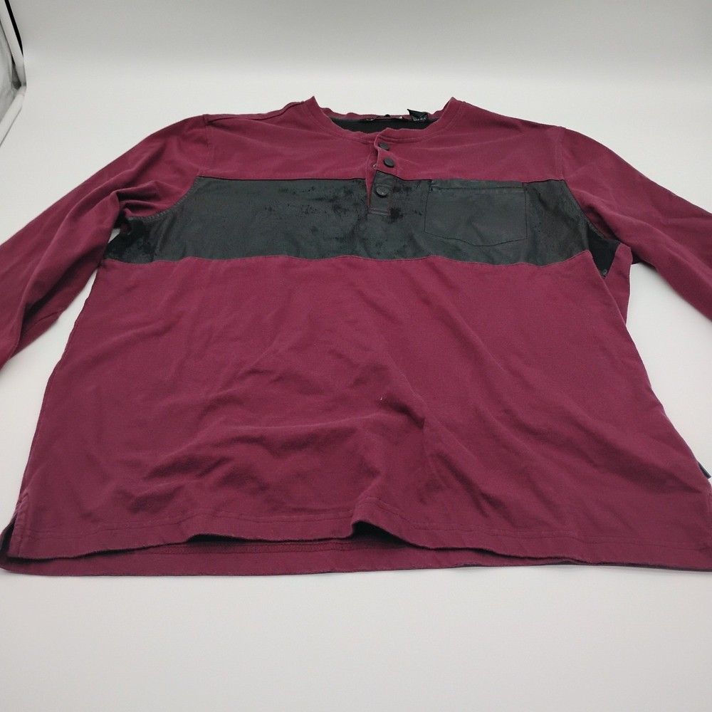 Sean John Mens XL Burgundy Henley Long Sleeve Shirt Black Faux Leather Panel