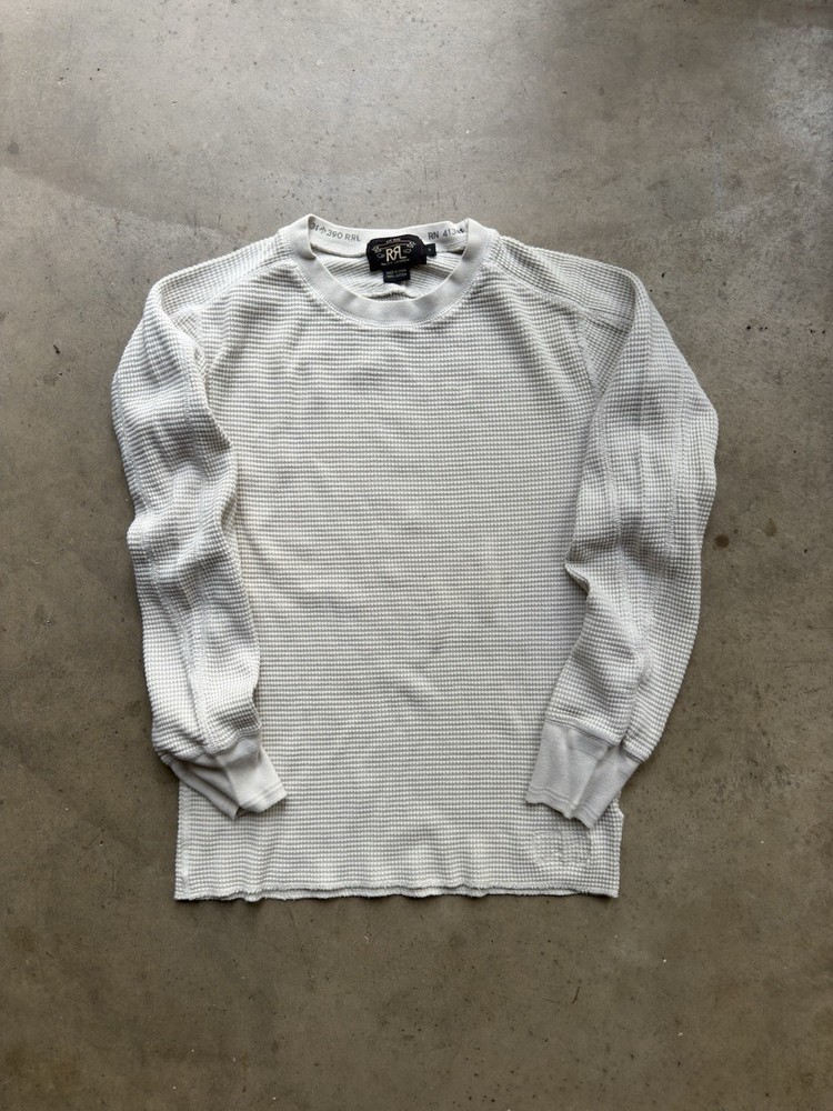 DOUBLE RL RALPH LAUREN WHITE/CREAM WAFFLE KNIT LONG SLEEVE CREW NECKSHIRT SMALL