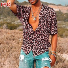 Men’s Leopard Print Shirt Casual Slim Shirts Short Sleeve Button Down Top Blouse