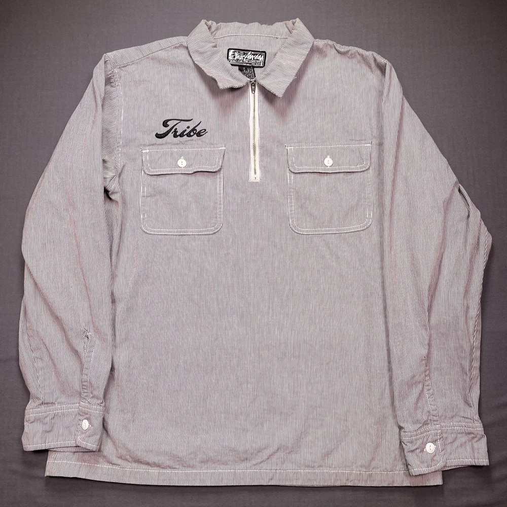 Stussy Shirt Mens Large Gray Striped Tribe Half Zip Long Sleeve Woven Pullover