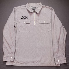 Stussy Shirt Mens Large Gray Striped Tribe Half Zip Long Sleeve Woven Pullover