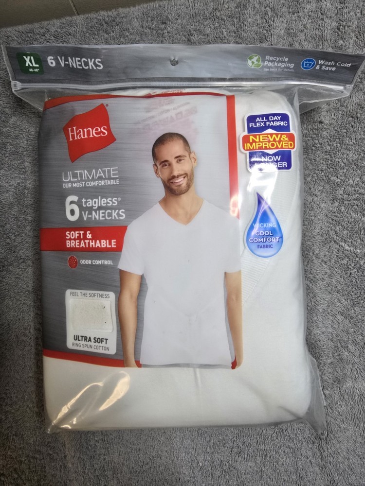 Hanes Ultimate Men’s 6 Pack FreshIQ V-Neck Tee, White, X-Large