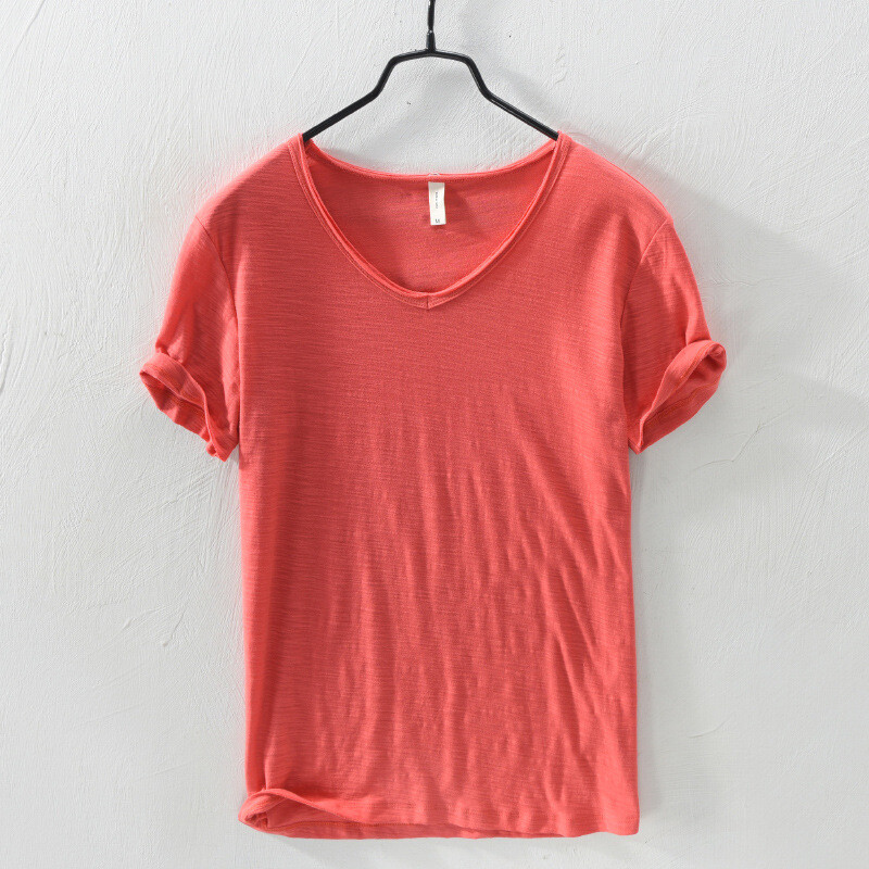 Men Pure Color Cotton Short Sleeve T-shirts V-neck Sports Casual Tops Summer