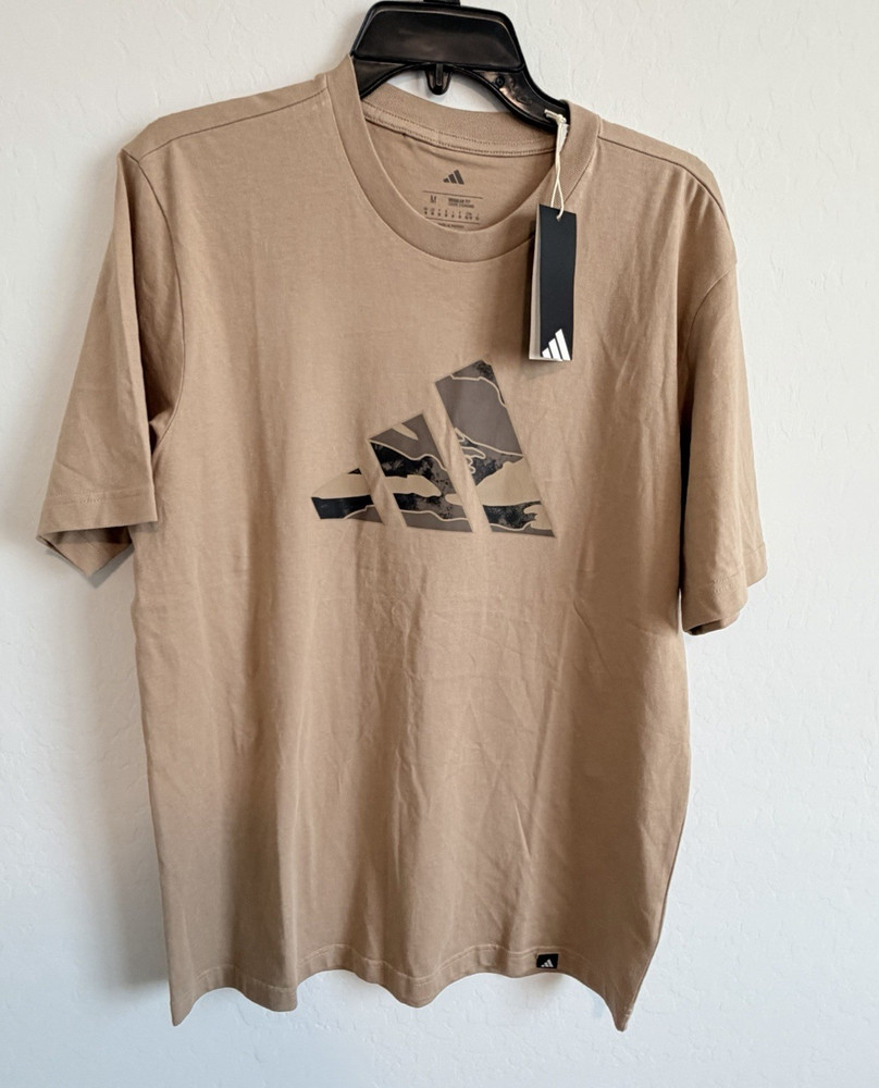 adidas Men’s Beige Graphic Logo Tee Crew Neck Short Sleeve Regular Fit M Cotton