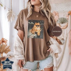 Funny Pomeranian Drinking Iced Coffee Shirt, Animal Meme Tee T-Shirt