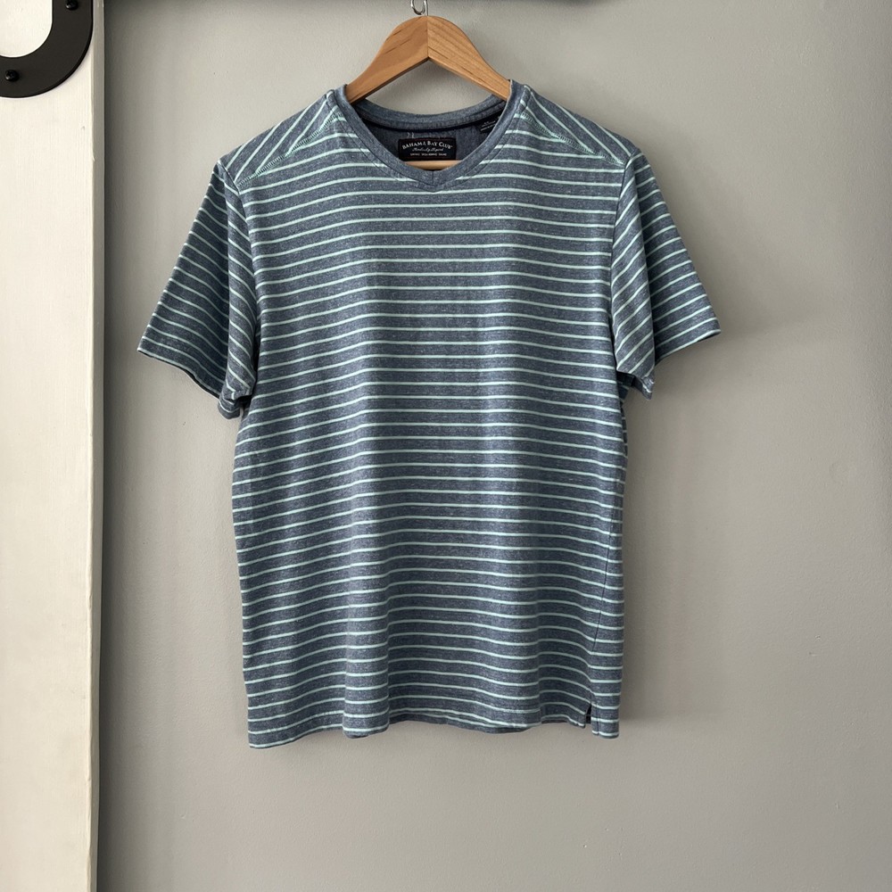 Bahama Bay Club Men’s M Short Sleeve V-Neck Striped Cotton Blue T-Shirt Resort