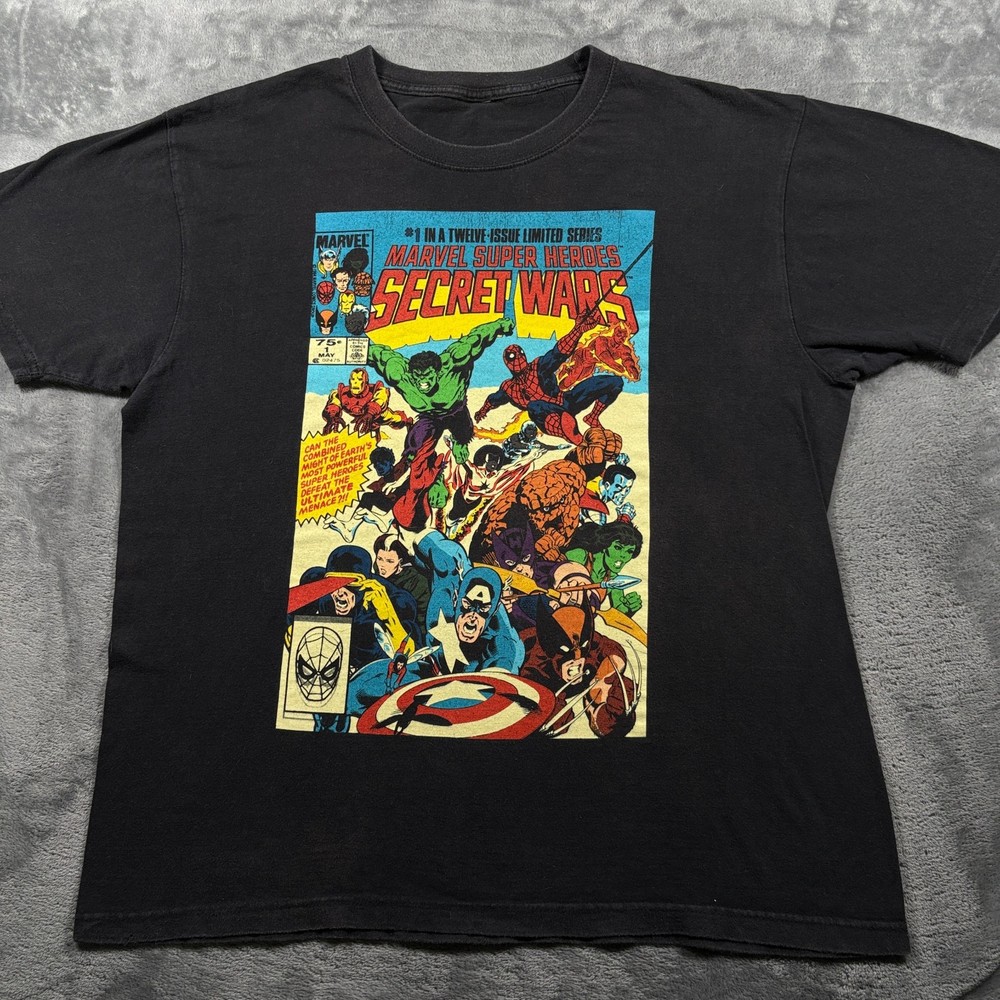 Vintage Marvel Mad Engine Super Heroes Secret Wars Comic T-Shirt Mens XL Black