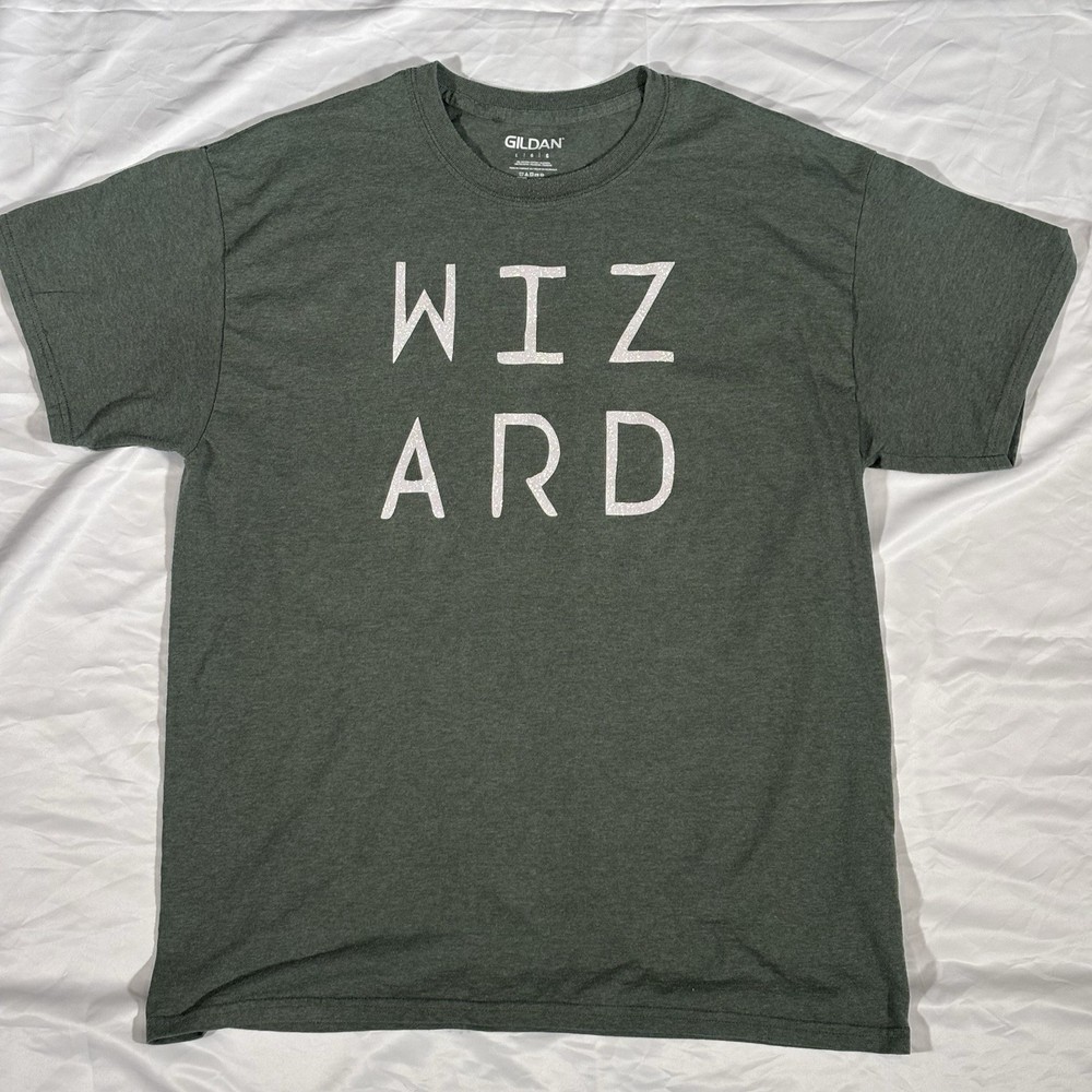 Custom White Glitter Wizard On Green T Shirt, Size Large