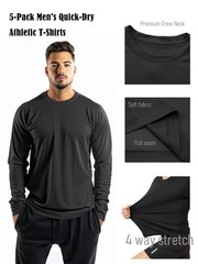 5 Pack Mens Long Sleeve Shirts Quick Dry Moisture Wicking Athletic Running Gy…
