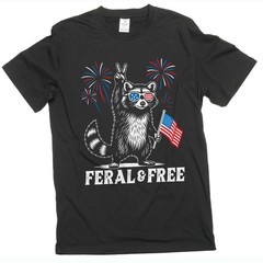 4th of July funny racoon feral and free tshirt free patriotic USA flag funny tee