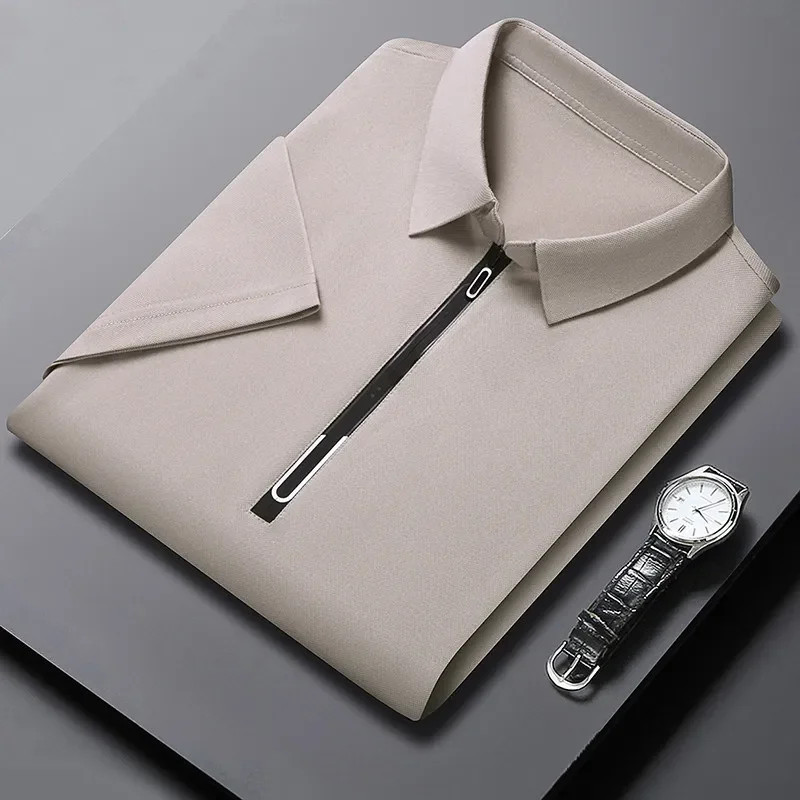 New Men’s Business Casual Zipper Short Sleeve Solid Color Polo Shirt Fashionable