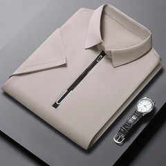 New Men’s Business Casual Zipper Short Sleeve Solid Color Polo Shirt Fashionable