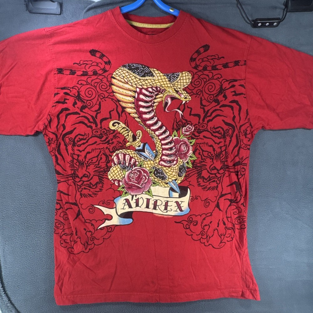 Y2K Avirex T Shirt Mens Large Snake/Rose W/rhinestone Red