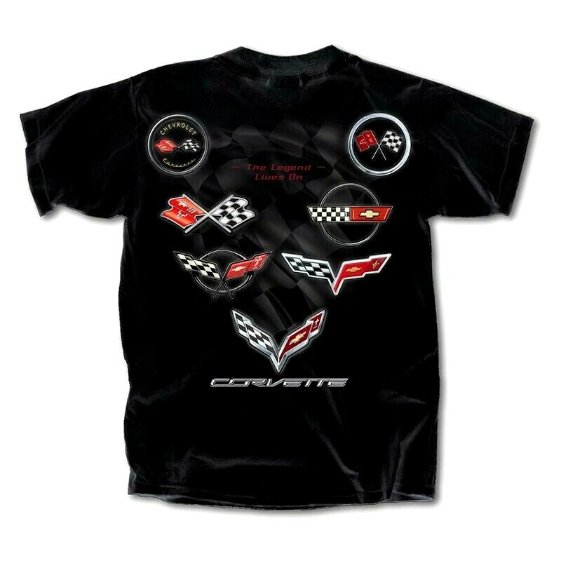 CHEVY CORVETTE C1 THRU C7 FLAGS LEGEND LIVES ON BLACK COTTON TEE SHIRT