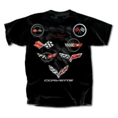 CHEVY CORVETTE C1 THRU C7 FLAGS LEGEND LIVES ON BLACK COTTON TEE SHIRT