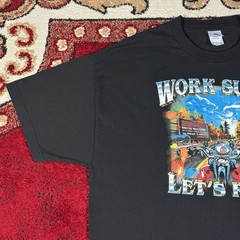 Vintage Y2K Work Sucks Lets Ride Biker Motorcycle Black T Shirt Fits Size XL