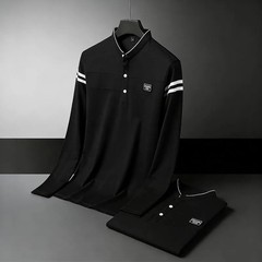 Men Stand Collar Long Sleeve Polo Shirt Stripe Accent Soft Breathable For Busine