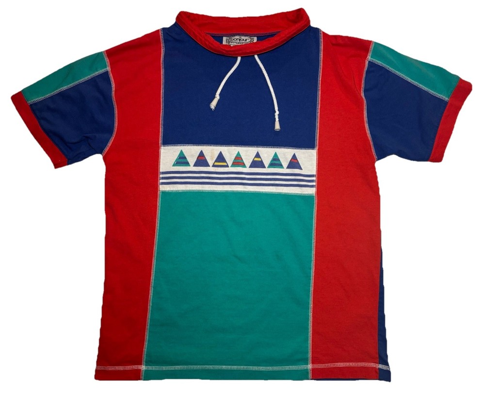 Vtg 80s 90s Bonjour Colorblock Drawstring Tee Shirt Sailboats Beach Sz M Yacht