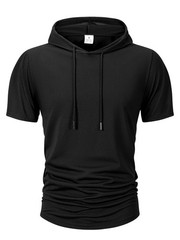 Men Summer Hoodie Short Sleeve Solid Color Loose Drawstring Pullover Top Casual