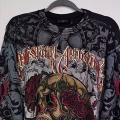 Christian Audigier Shirt Mens XL Thermal Skull Rose Rhinestone Y2K Tattoo NEW