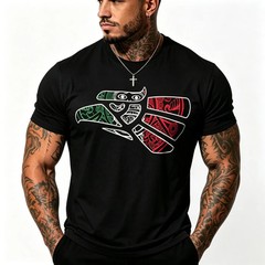 Latino Heritage Cotton T-shirt Featuring Green White Red Mexico Eagle Tribal Art