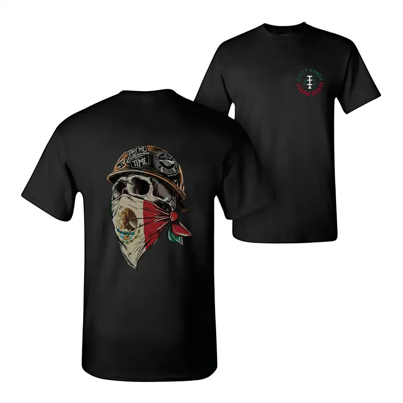 Dirty Hands Earn Clean Money Skull and Mexican Flag Pattern T-Shirt