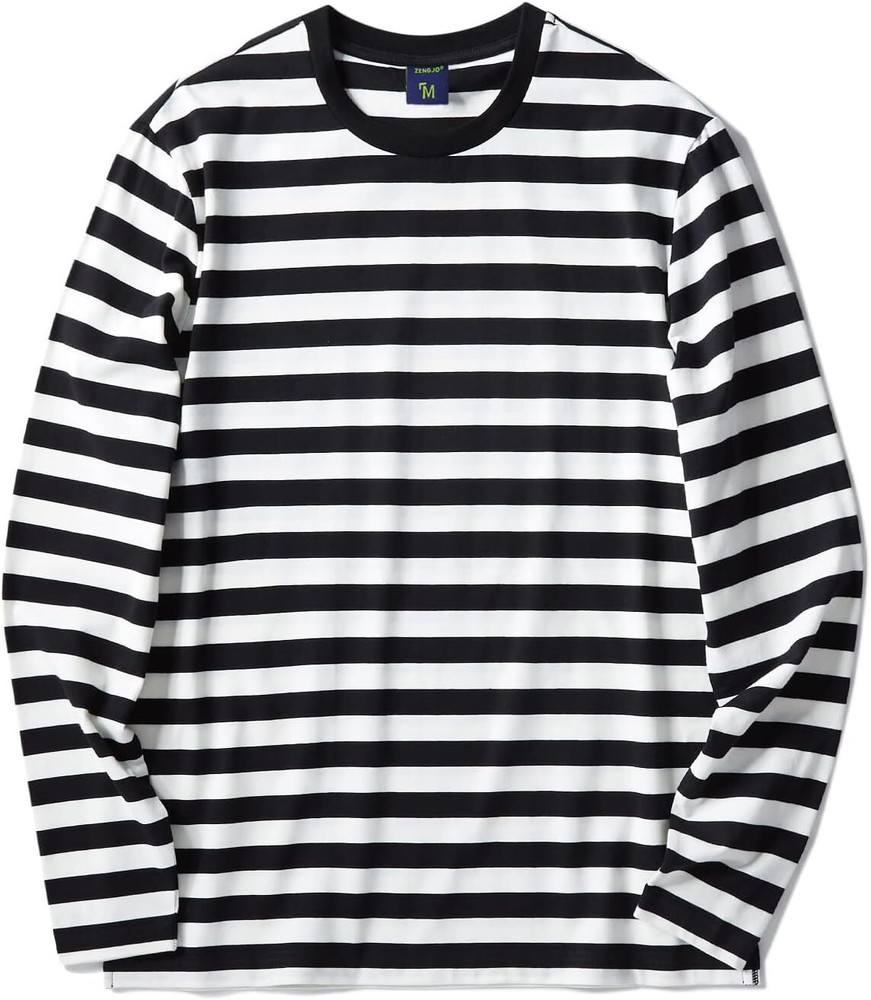 Men’s Medium Black And White Stripe Long Sleeve T Shirt Casual Cotton Spandex