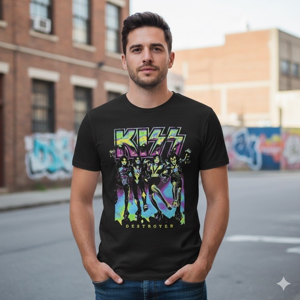 KISS Destroyer Band T-Shirt Mens Medium Black Neon Graphic Mad Engine 2023 Rock