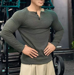 Spring Men Fitness Big Henry Collar Sports T-Shirt Breathable Athletic Tee