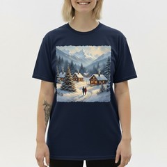 Cozy Winter Village T-Shirt Christmas Log Cabin Snow Scene Mountain Holiday Art