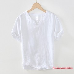 Men 100% Linen T-shirt V Neck Summer Short Sleeves Retro Tops Casual Undershirt