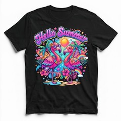 Hello Summer Tropical Flamingo T-Shirt Retro Neon Beach Vacation Holiday Tee