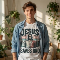 Jesus Saves Bro Shirt Funny Christian Retro Graphic Tee Men Faith Gift