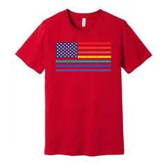 Unisex American Flag Tee With Rainbow Stripes Graphic Across Chest For Pride And