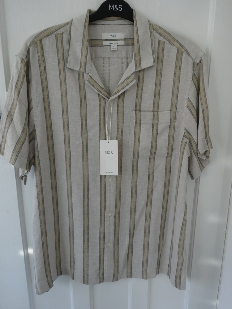 M&S MARKS & SPENCER ECRU MIX LINEN BLEND SHORT SLEEVE SHIRT SIZE L 41-43in CHEST