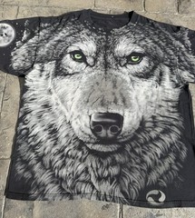 Vintage Liquid Blue All Over Print Big Face Wolf Nature T-Shirt Size XL