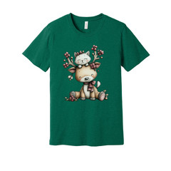 Unisex Christmas T Shirt With Cute Deer And Kitten Graphic Print In Winter Scene