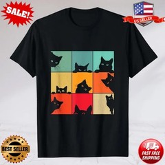 Retro Vintage Black Cats, 80s Style, Cat Owner Funny, Cat Face 70s T-Shirt S-3X