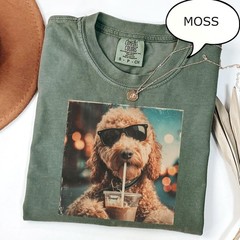 Cute Goldendoodle Drinking Iced Coffee T-Shirt, Dog Lover Gift, Coffee Dog Shirt