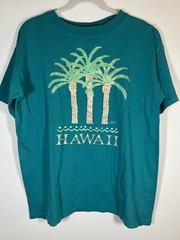 Vintage 90s single stitch blue green Hawaii gold foil palm trees sz L graphic